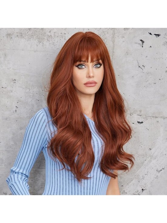 Women\'s Auburn Heat Resistant Long Curly Wavy Synthetic Wig with Bangs Size 26In main image 5